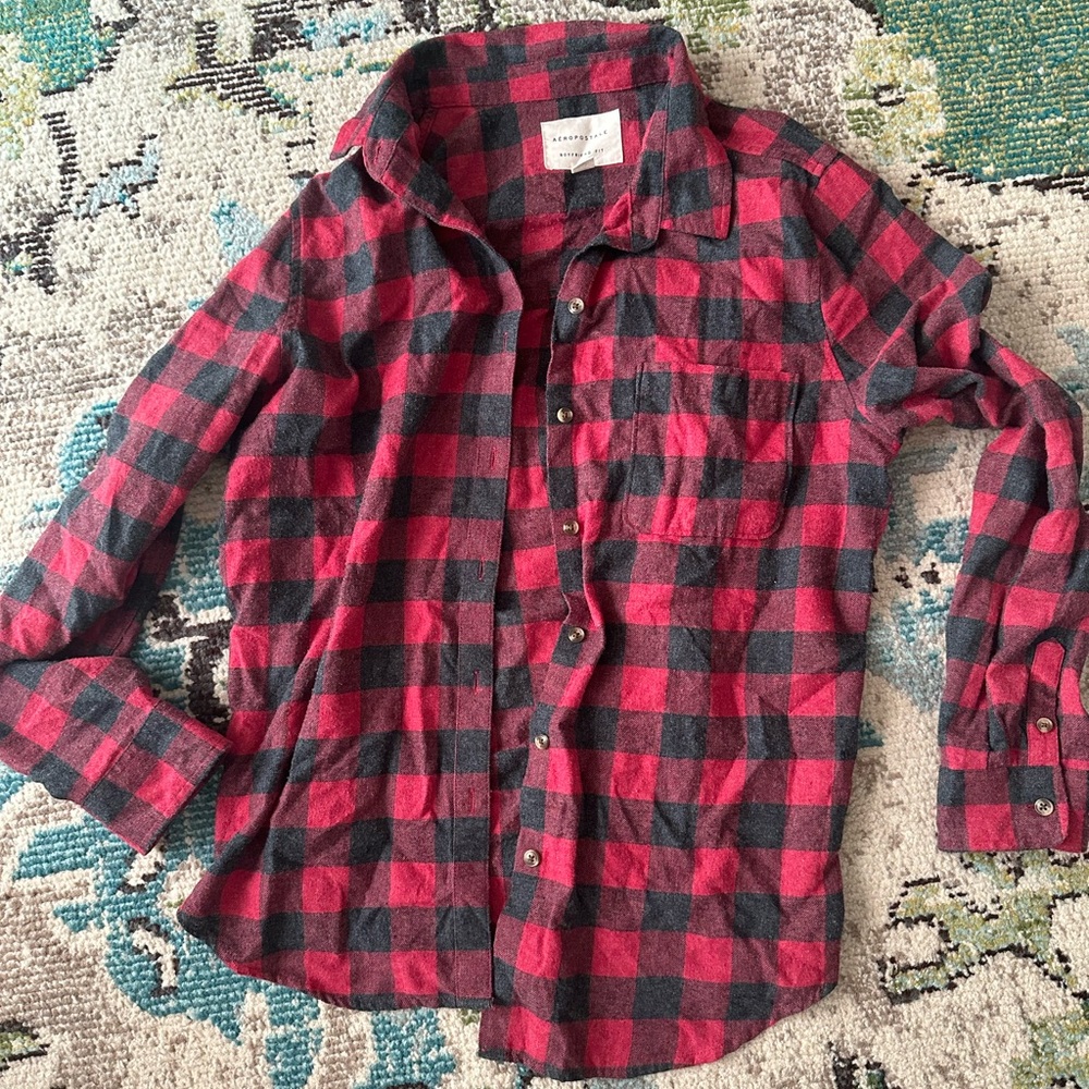 Red and black plaid flannel button up